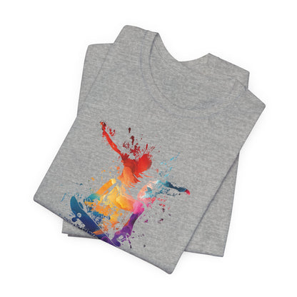 Skateboard Splash Tee — Colorful Watercolor Skateboarder Graphic T‑Shirt