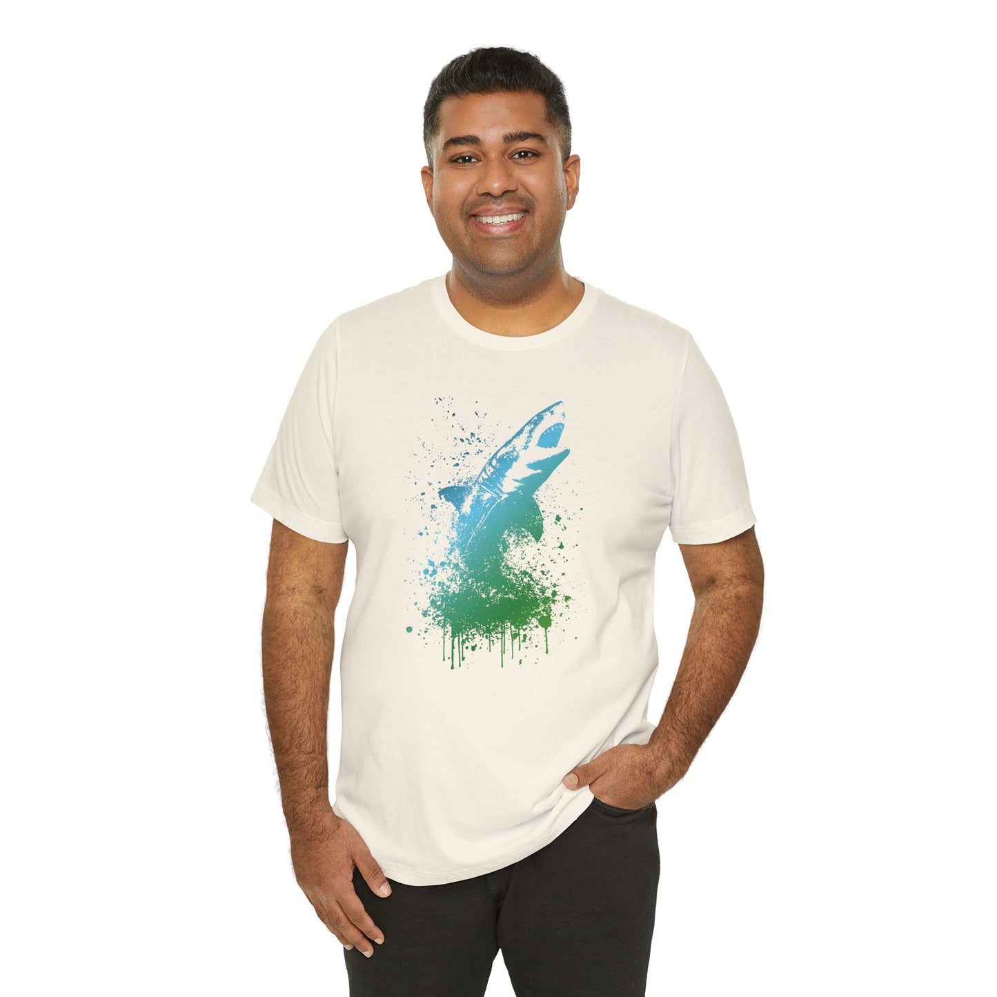 Great White Graphic Tee — Blue & Green Watercolor Shark T‑Shirt