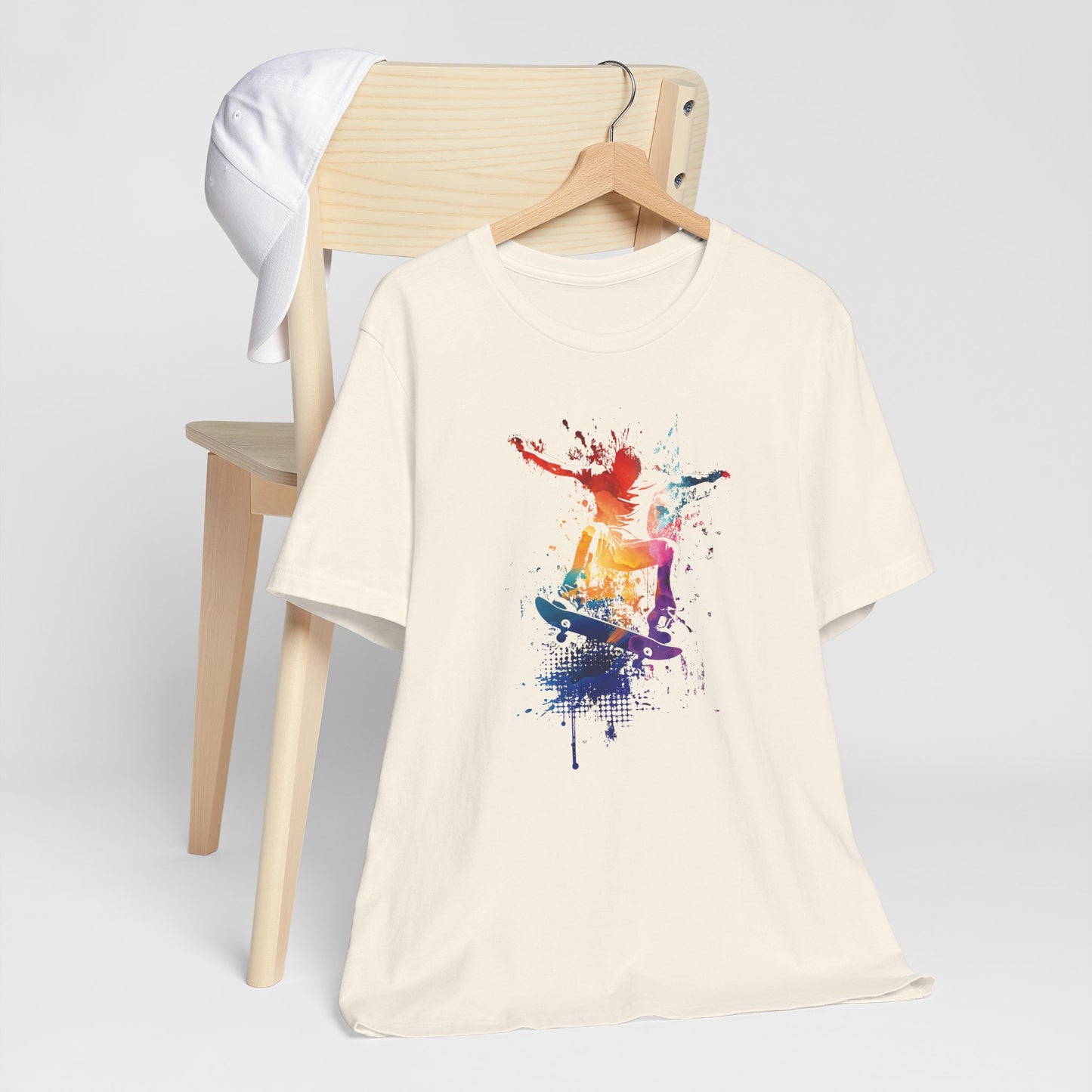 Skateboard Splash Tee — Colorful Watercolor Skateboarder Graphic T‑Shirt
