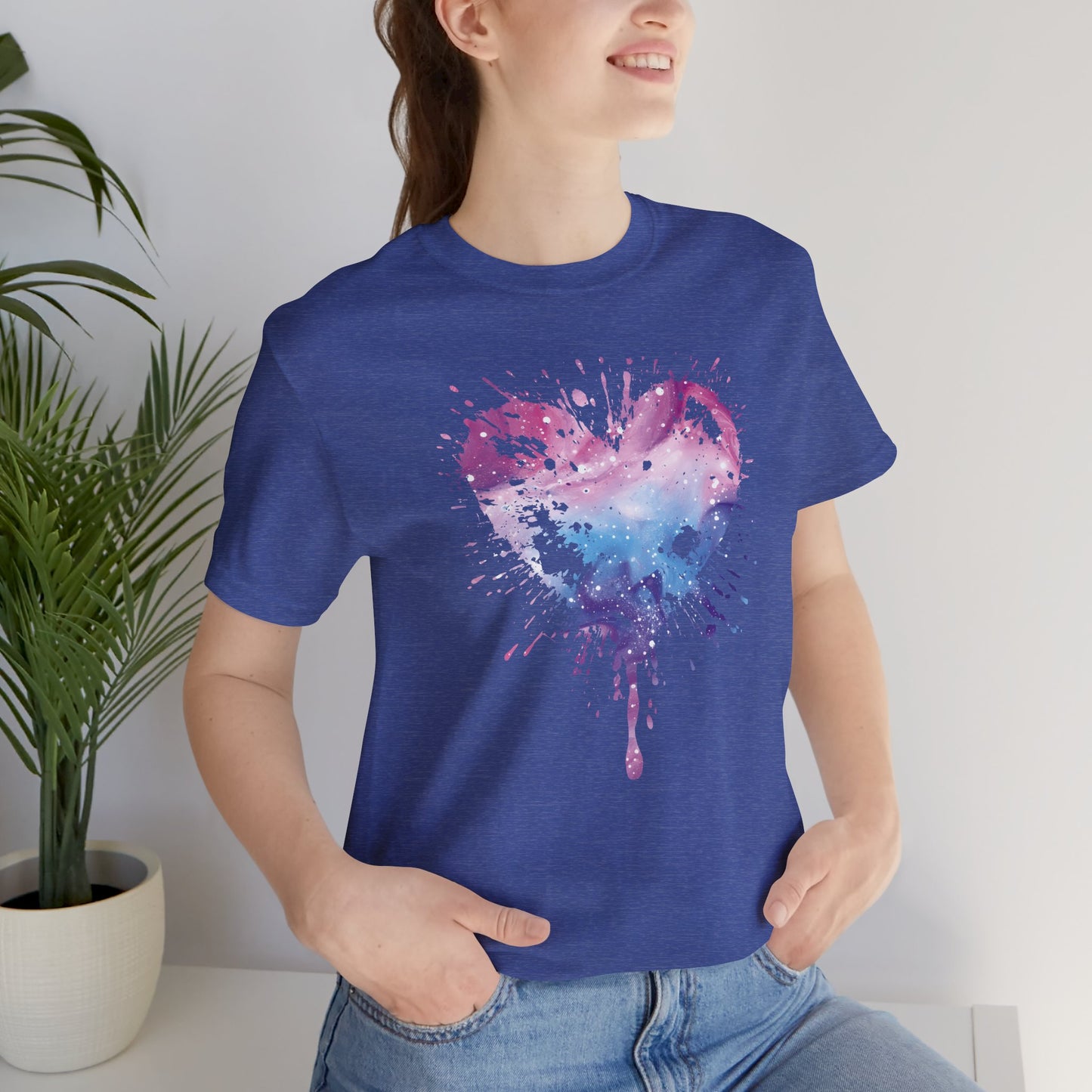 Watercolor Splatter Heart T‑Shirt — Galaxy Pink & Blue Drip Tee