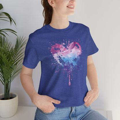 Watercolor Splatter Heart T‑Shirt — Galaxy Pink & Blue Drip Tee