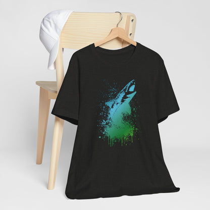 Great White Graphic Tee — Blue & Green Watercolor Shark T‑Shirt