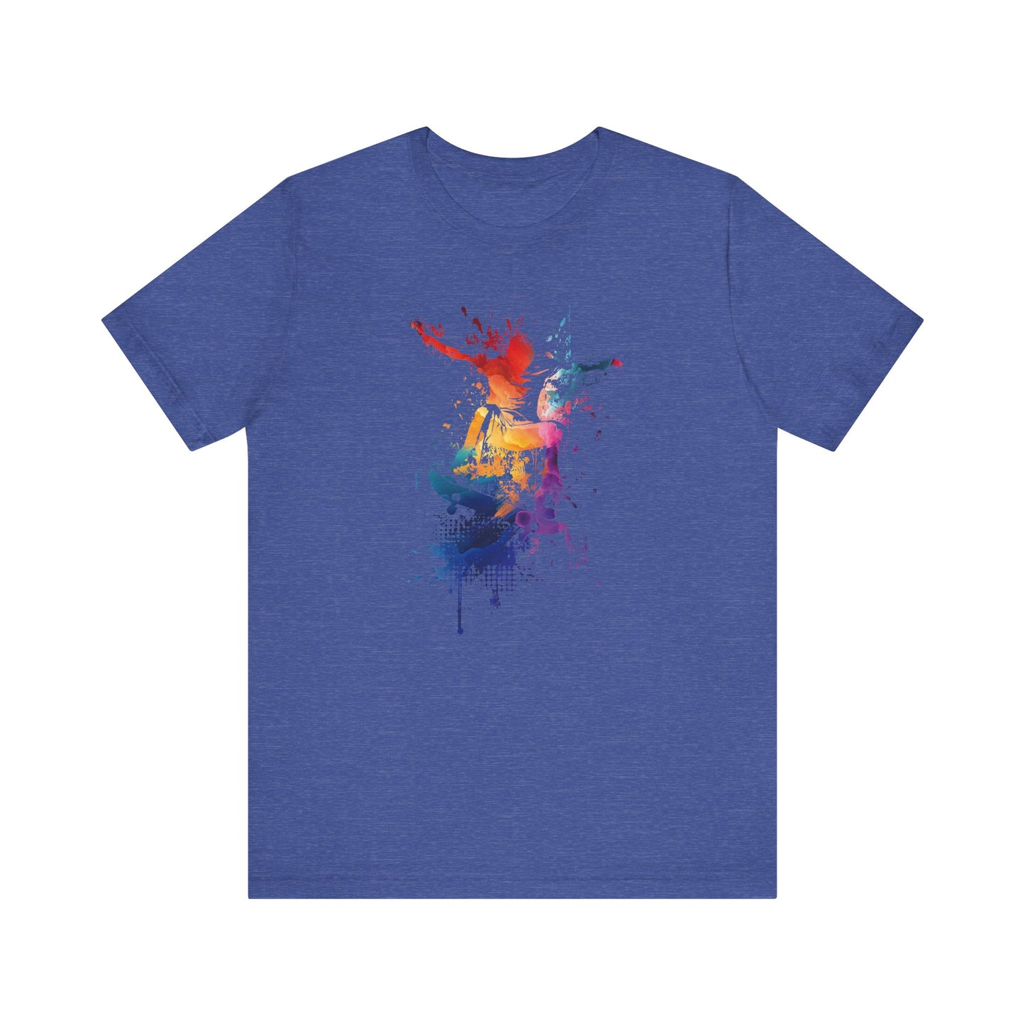 Skateboard Splash Tee — Colorful Watercolor Skateboarder Graphic T‑Shirt
