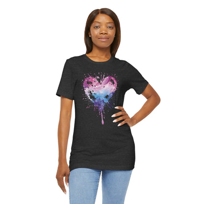 Watercolor Splatter Heart T‑Shirt — Galaxy Pink & Blue Drip Tee