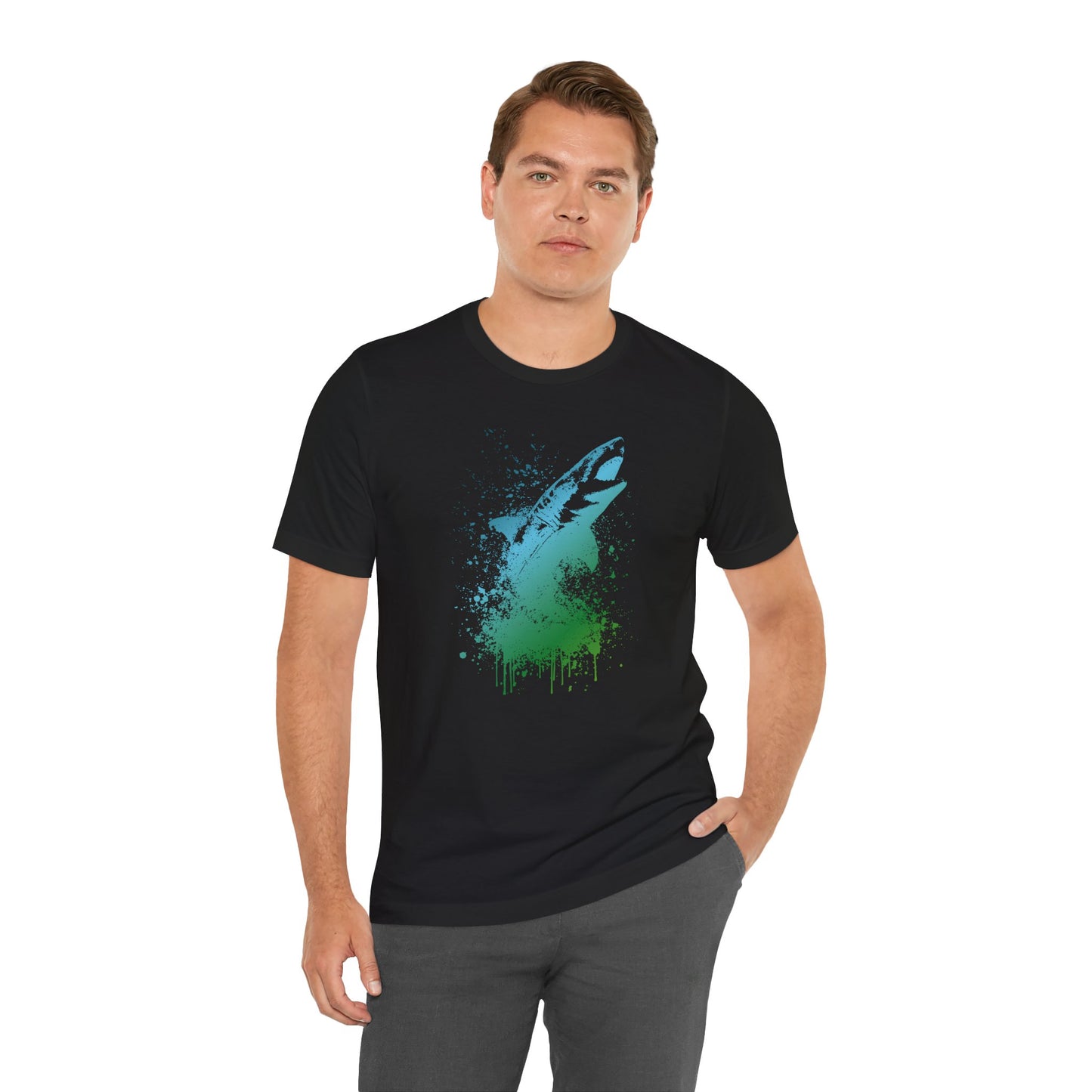 Great White Graphic Tee — Blue & Green Watercolor Shark T‑Shirt