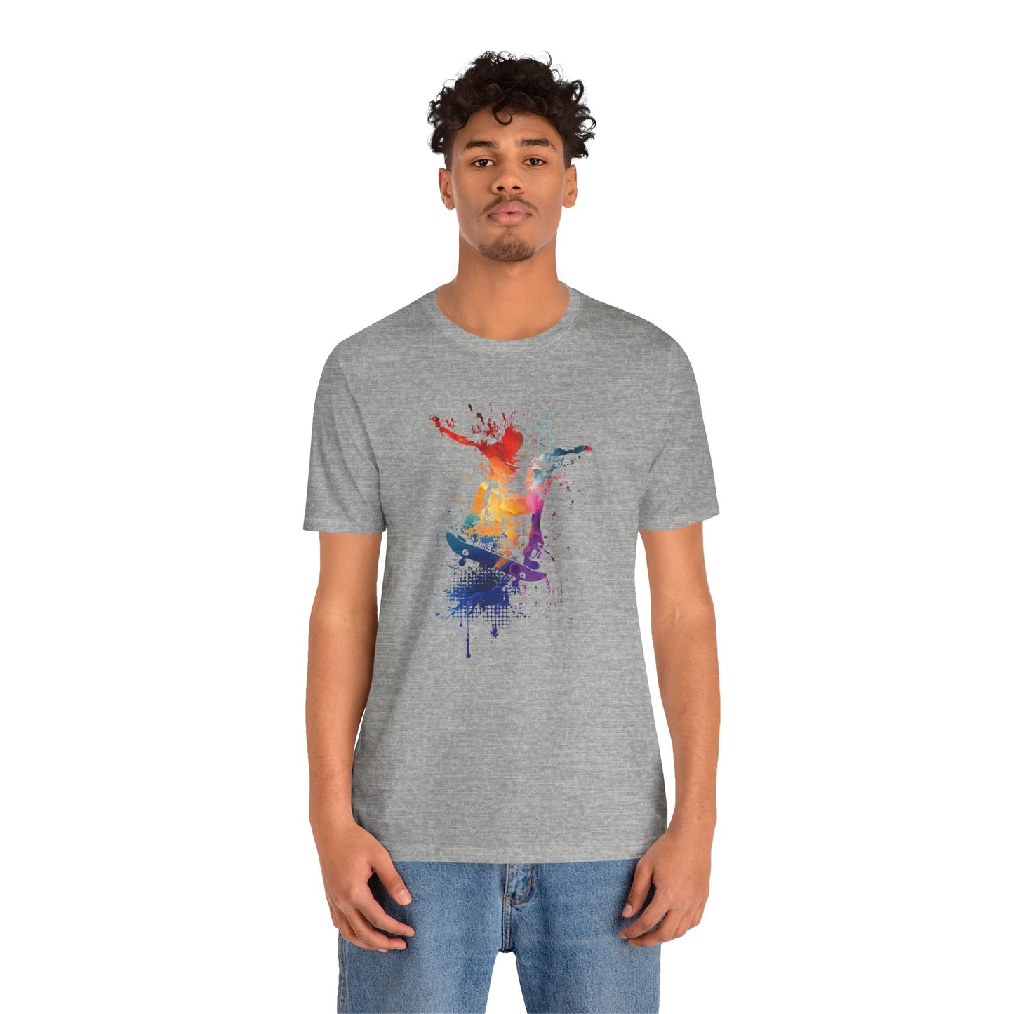 Skateboard Splash Tee — Colorful Watercolor Skateboarder Graphic T‑Shirt
