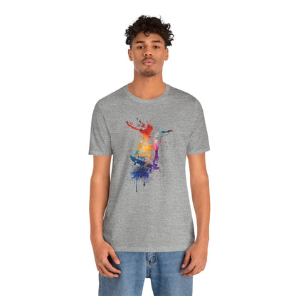 Skateboard Splash Tee — Colorful Watercolor Skateboarder Graphic T‑Shirt