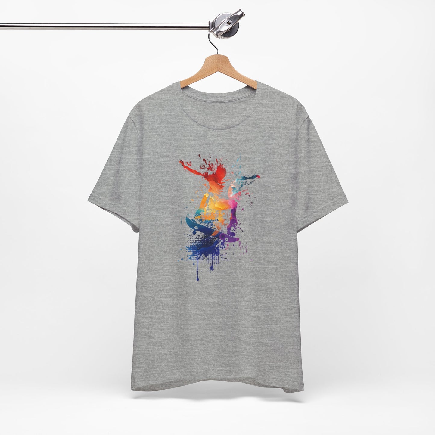 Skateboard Splash Tee — Colorful Watercolor Skateboarder Graphic T‑Shirt