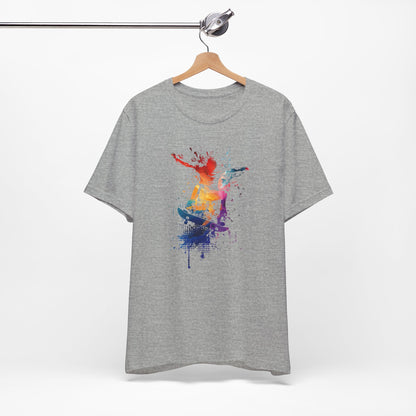 Skateboard Splash Tee — Colorful Watercolor Skateboarder Graphic T‑Shirt