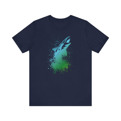 Great White Graphic Tee — Blue & Green Watercolor Shark T‑Shirt