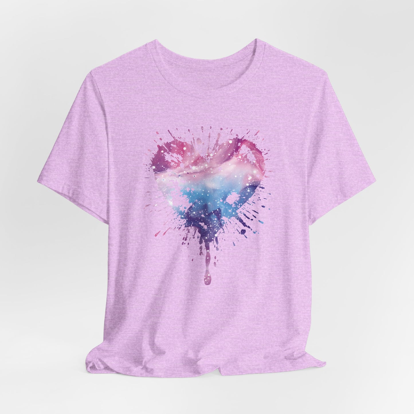 Watercolor Splatter Heart T‑Shirt — Galaxy Pink & Blue Drip Tee