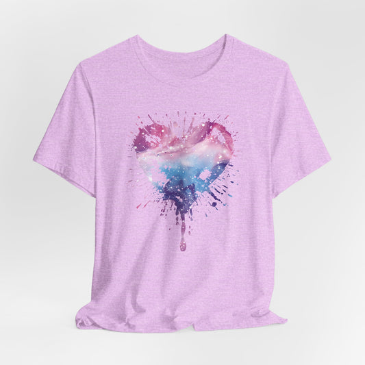 Watercolor Splatter Heart T‑Shirt — Galaxy Pink & Blue Drip Tee