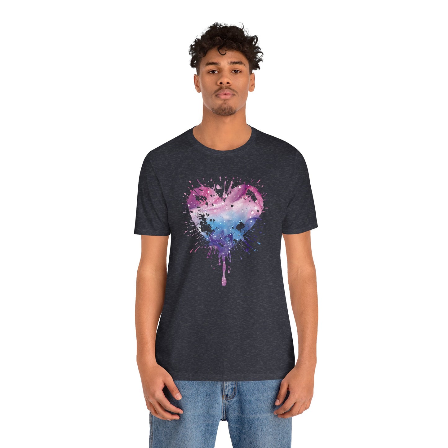 Watercolor Splatter Heart T‑Shirt — Galaxy Pink & Blue Drip Tee