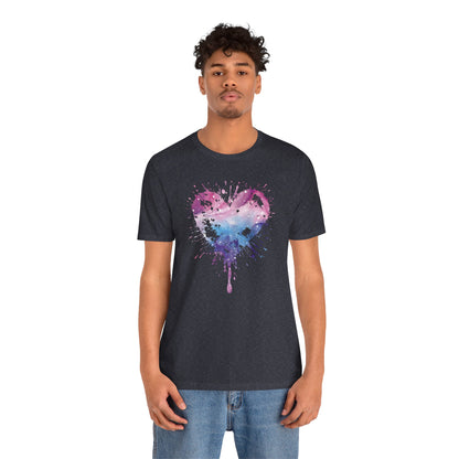 Watercolor Splatter Heart T‑Shirt — Galaxy Pink & Blue Drip Tee