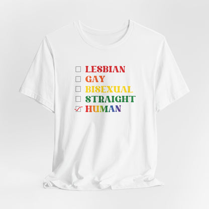 Human Checkbox Pride T-Shirt — "Human" Rainbow Equality Tee