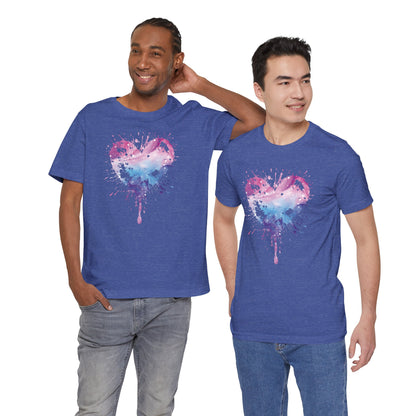 Watercolor Splatter Heart T‑Shirt — Galaxy Pink & Blue Drip Tee