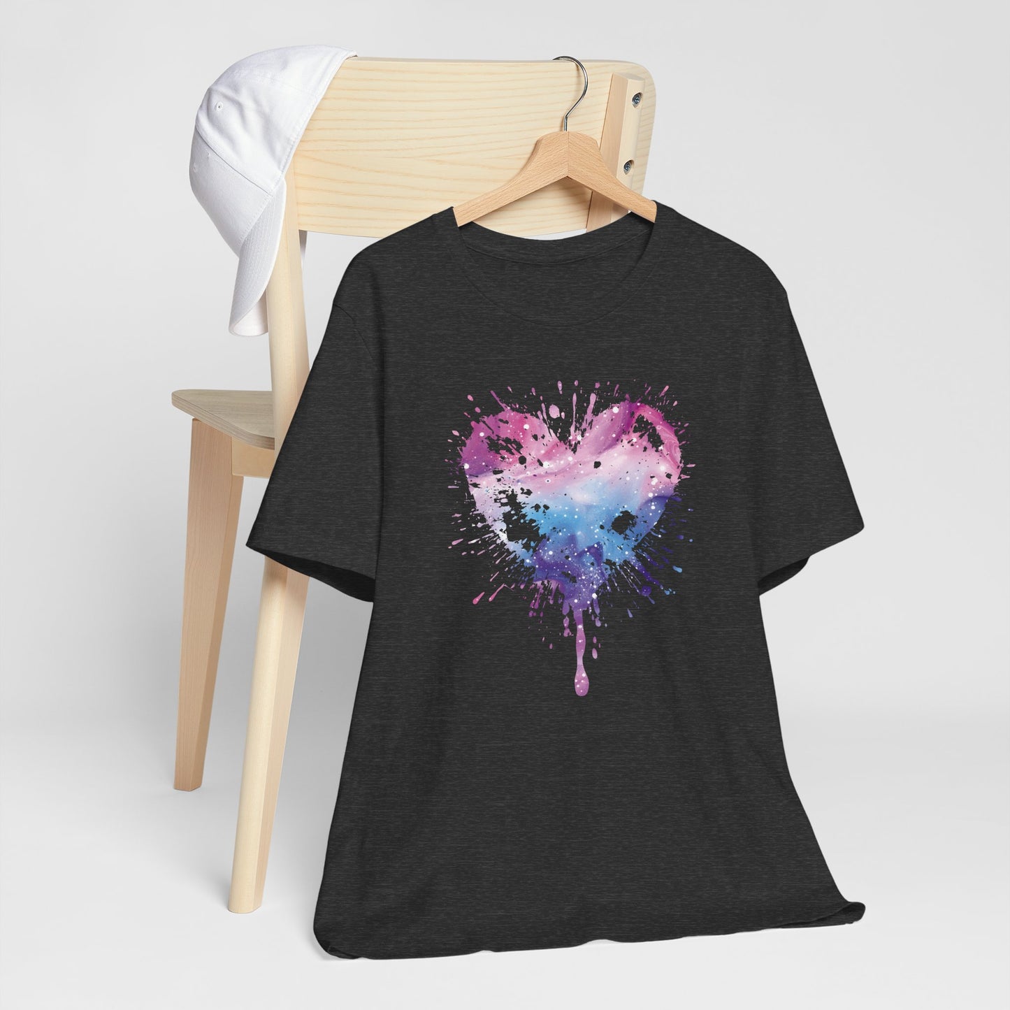 Watercolor Splatter Heart T‑Shirt — Galaxy Pink & Blue Drip Tee