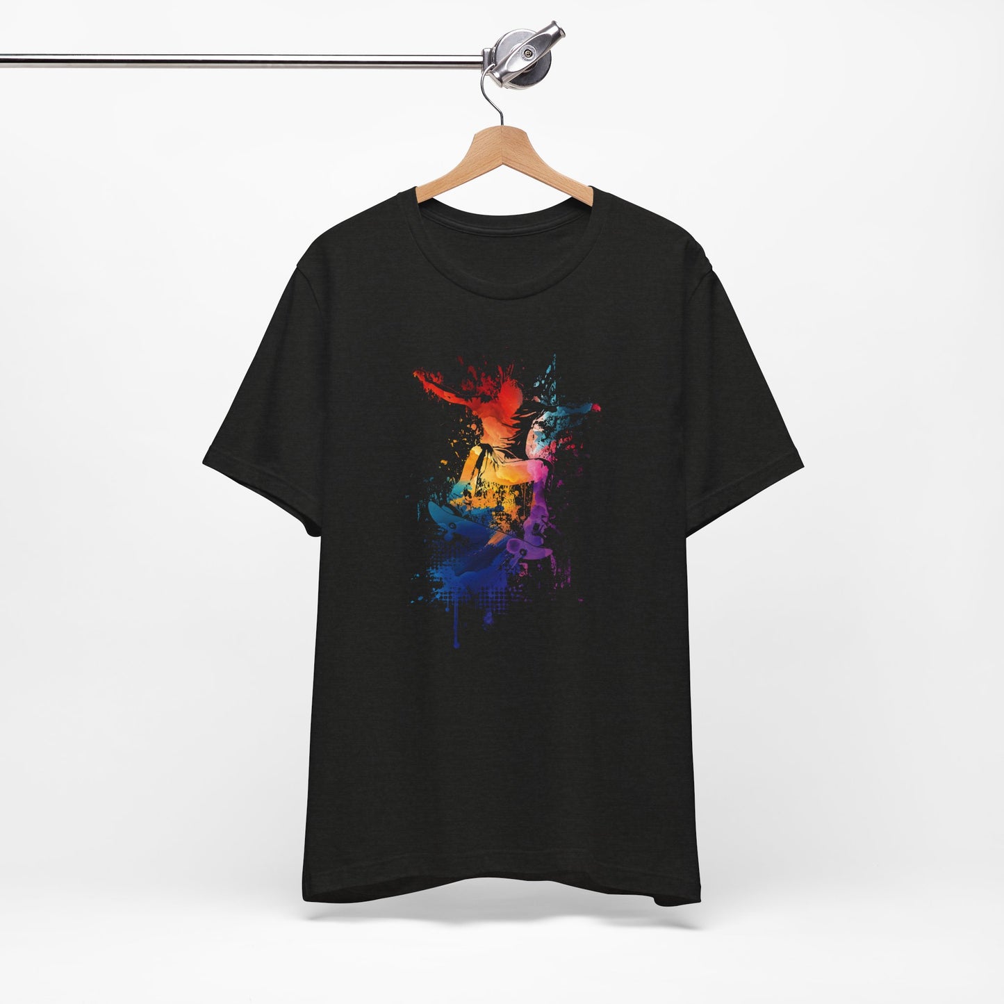 Skateboard Splash Tee — Colorful Watercolor Skateboarder Graphic T‑Shirt