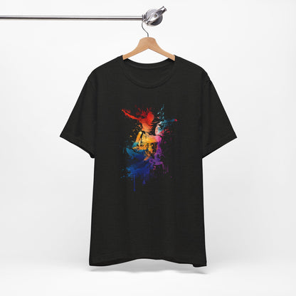 Skateboard Splash Tee — Colorful Watercolor Skateboarder Graphic T‑Shirt