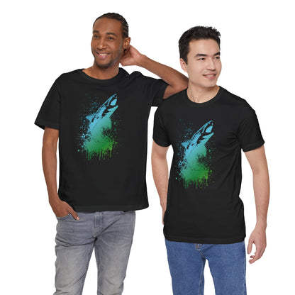 Great White Graphic Tee — Blue & Green Watercolor Shark T‑Shirt