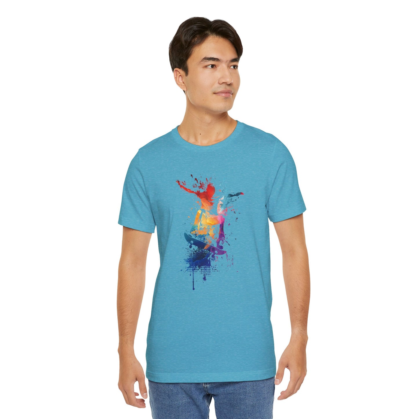 Skateboard Splash Tee — Colorful Watercolor Skateboarder Graphic T‑Shirt