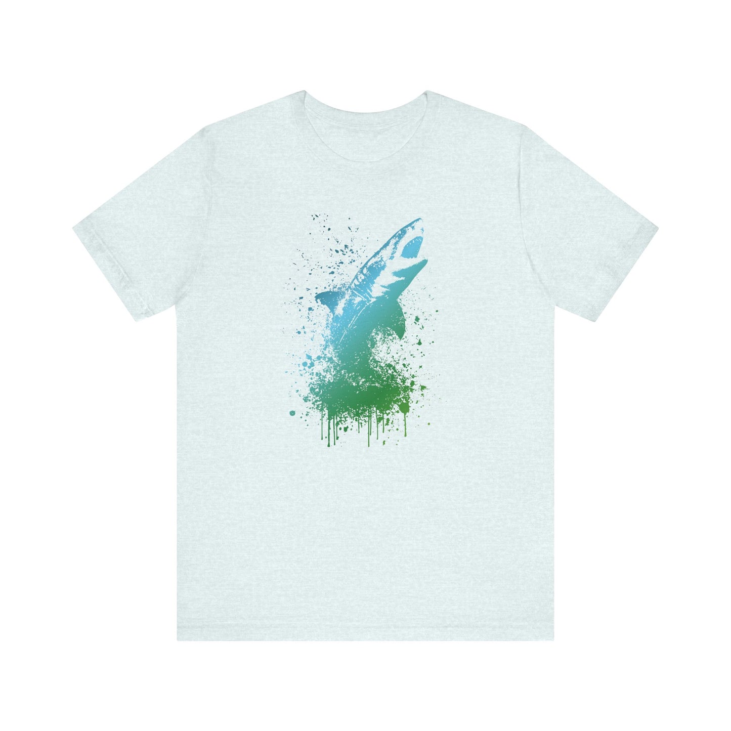 Great White Graphic Tee — Blue & Green Watercolor Shark T‑Shirt