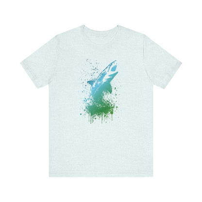 Great White Graphic Tee — Blue & Green Watercolor Shark T‑Shirt