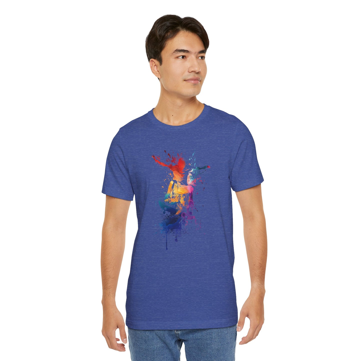 Skateboard Splash Tee — Colorful Watercolor Skateboarder Graphic T‑Shirt