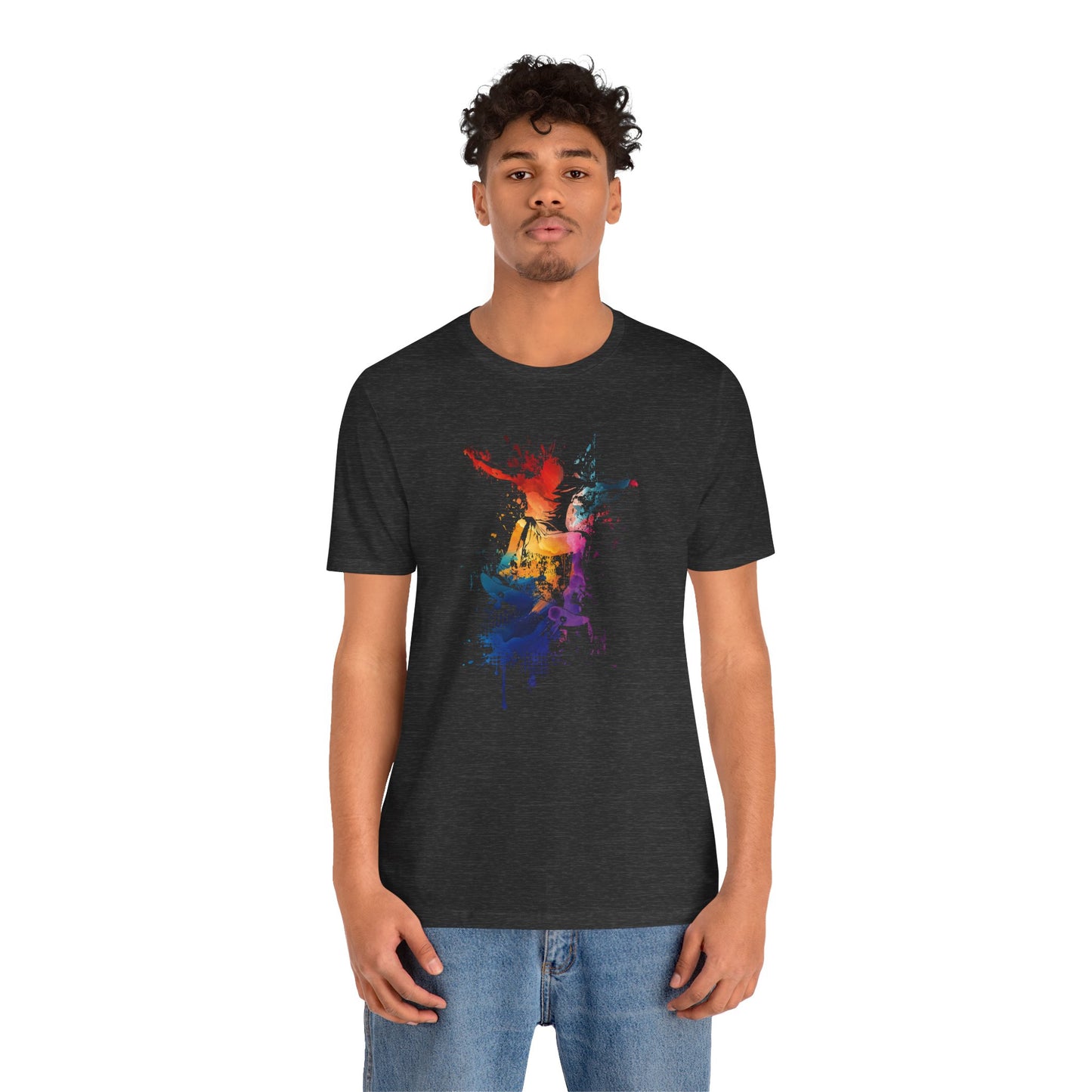 Skateboard Splash Tee — Colorful Watercolor Skateboarder Graphic T‑Shirt