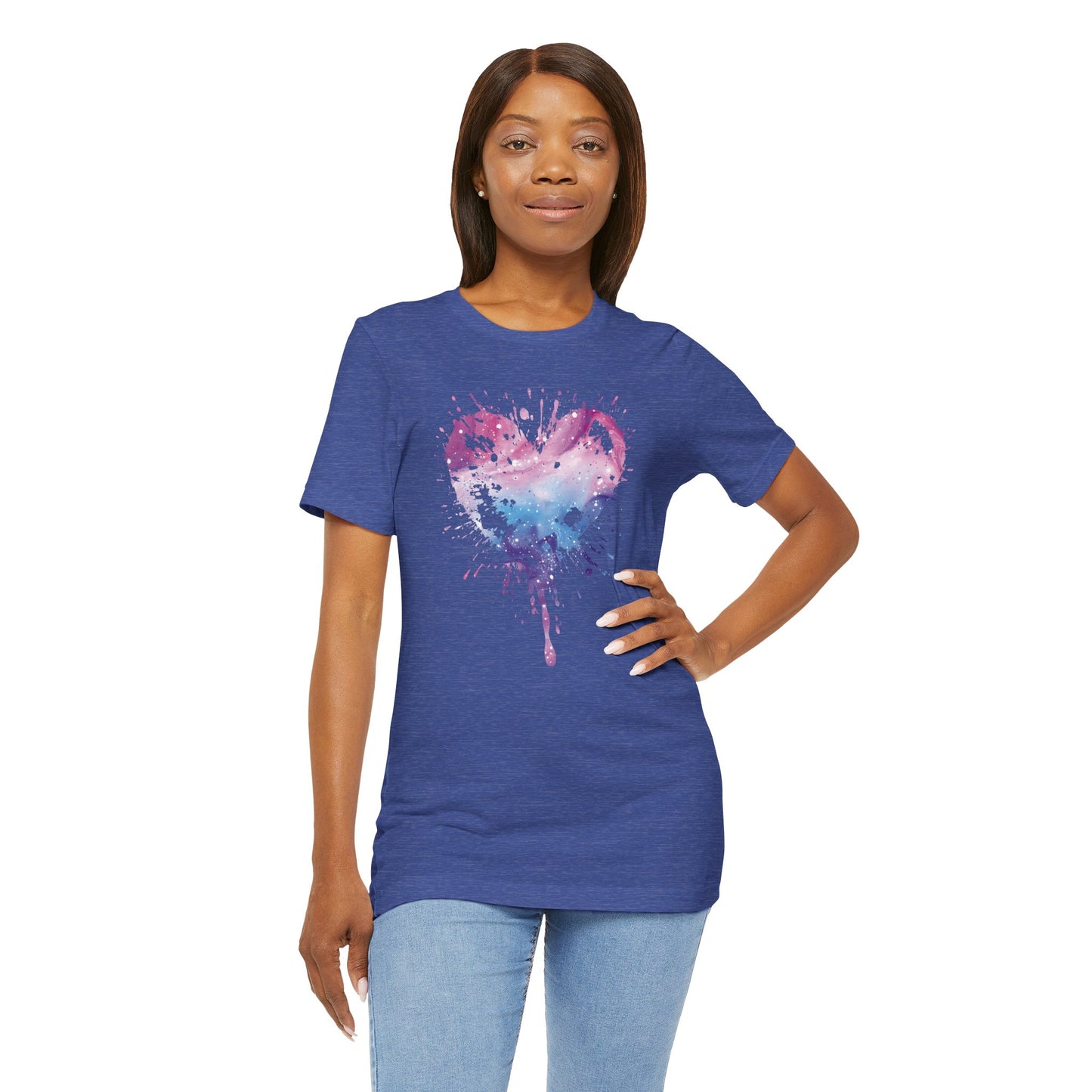 Watercolor Splatter Heart T‑Shirt — Galaxy Pink & Blue Drip Tee