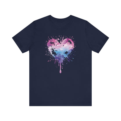 Watercolor Splatter Heart T‑Shirt — Galaxy Pink & Blue Drip Tee