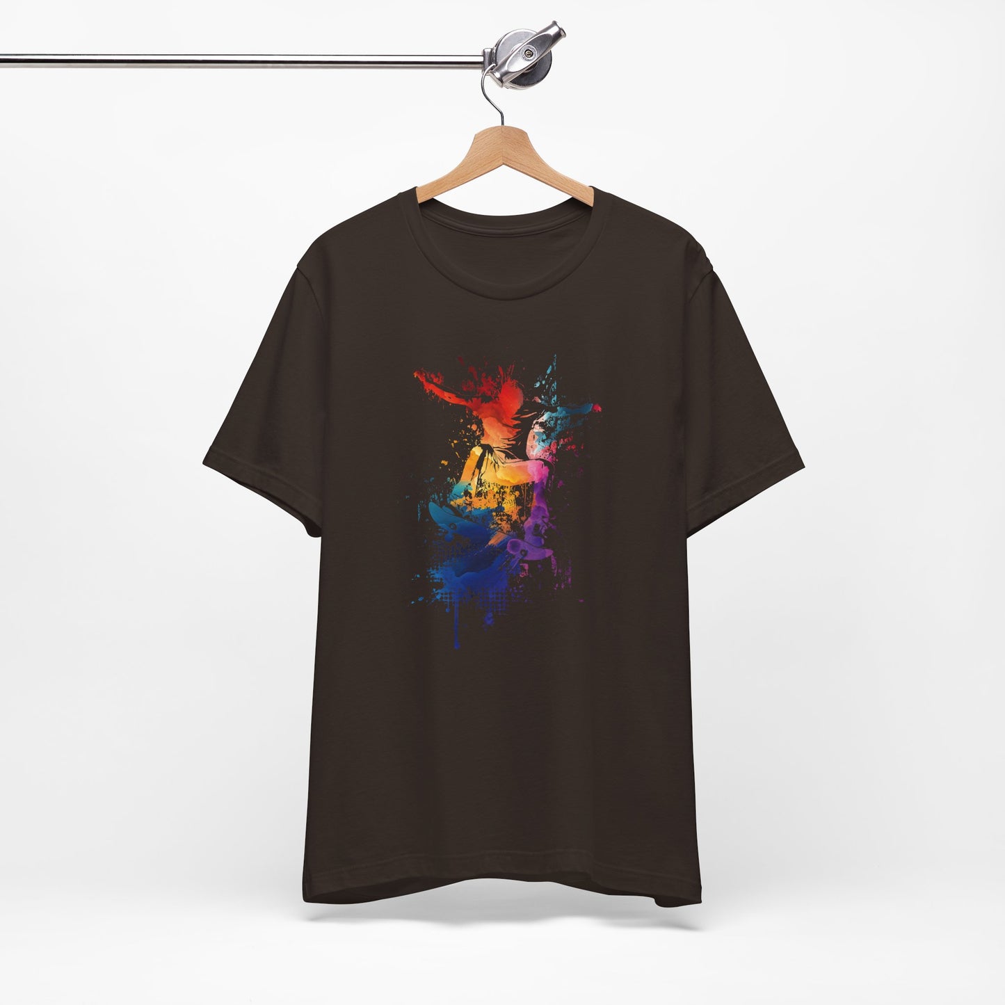 Skateboard Splash Tee — Colorful Watercolor Skateboarder Graphic T‑Shirt