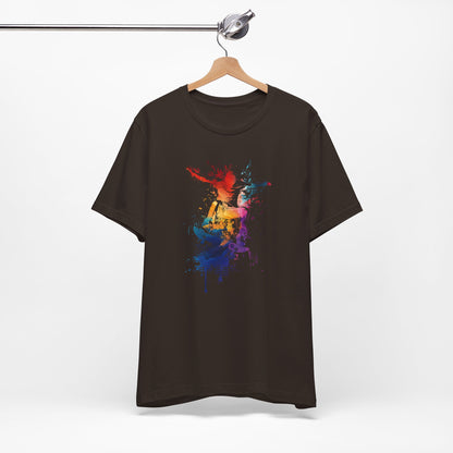 Skateboard Splash Tee — Colorful Watercolor Skateboarder Graphic T‑Shirt