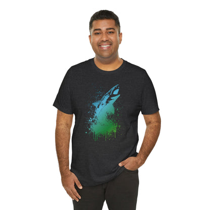 Great White Graphic Tee — Blue & Green Watercolor Shark T‑Shirt