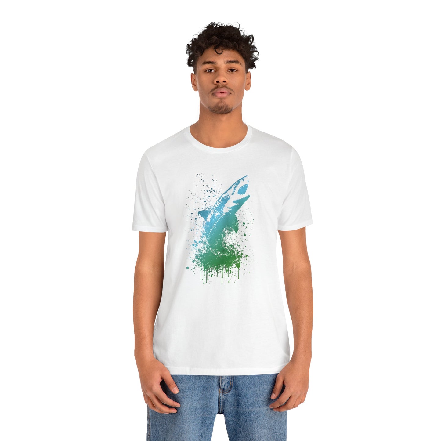 Great White Graphic Tee — Blue & Green Watercolor Shark T‑Shirt