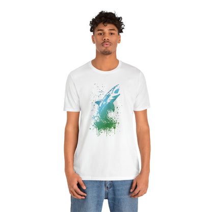 Great White Graphic Tee — Blue & Green Watercolor Shark T‑Shirt