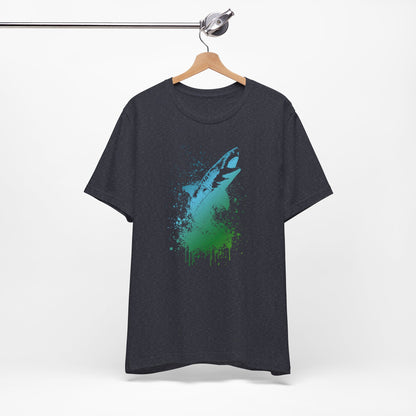 Great White Graphic Tee — Blue & Green Watercolor Shark T‑Shirt
