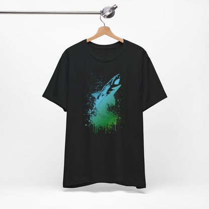 Great White Graphic Tee — Blue & Green Watercolor Shark T‑Shirt