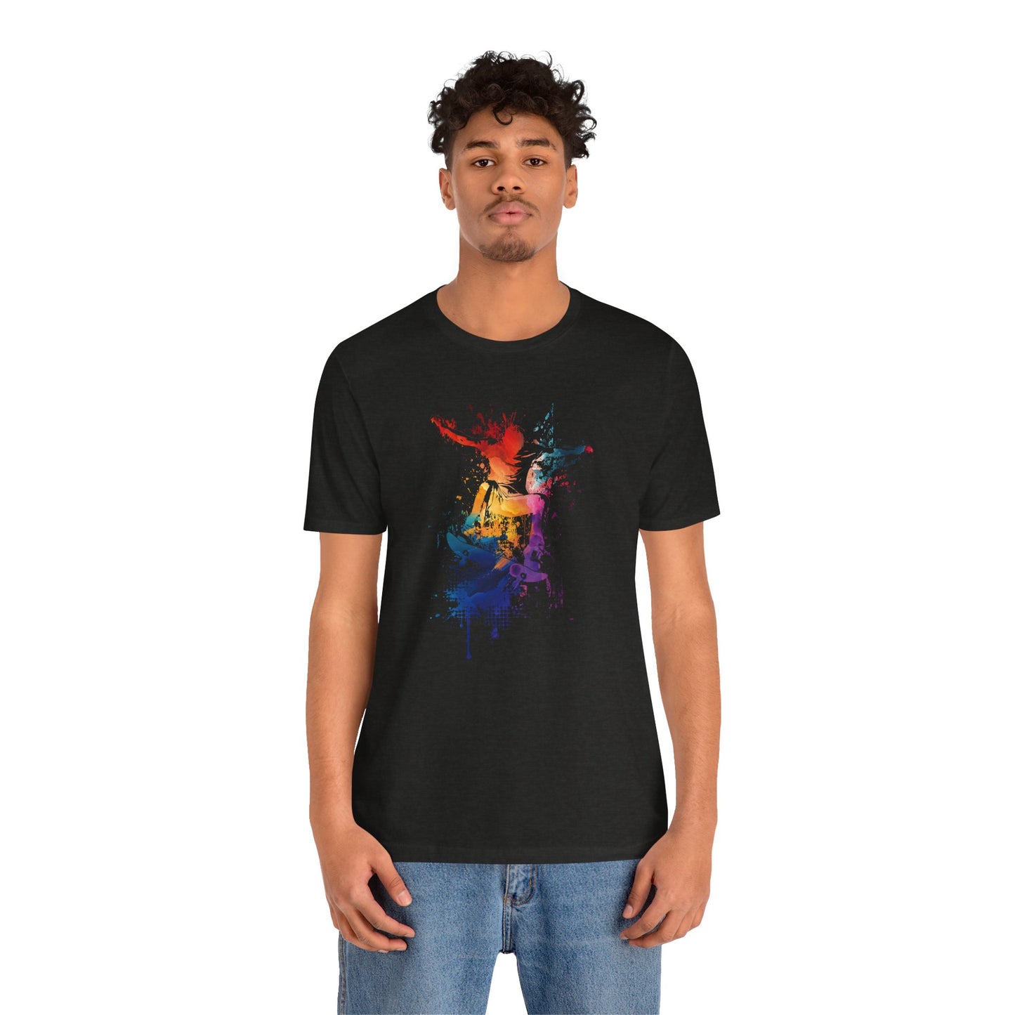 Skateboard Splash Tee — Colorful Watercolor Skateboarder Graphic T‑Shirt