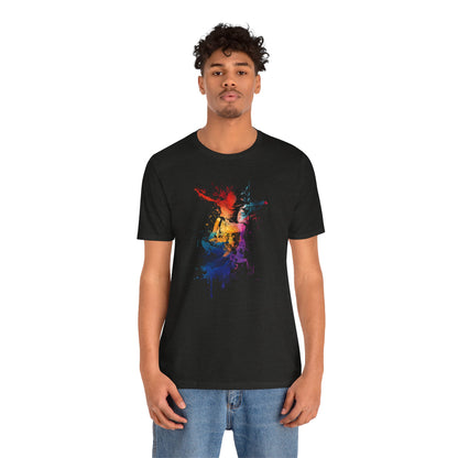 Skateboard Splash Tee — Colorful Watercolor Skateboarder Graphic T‑Shirt