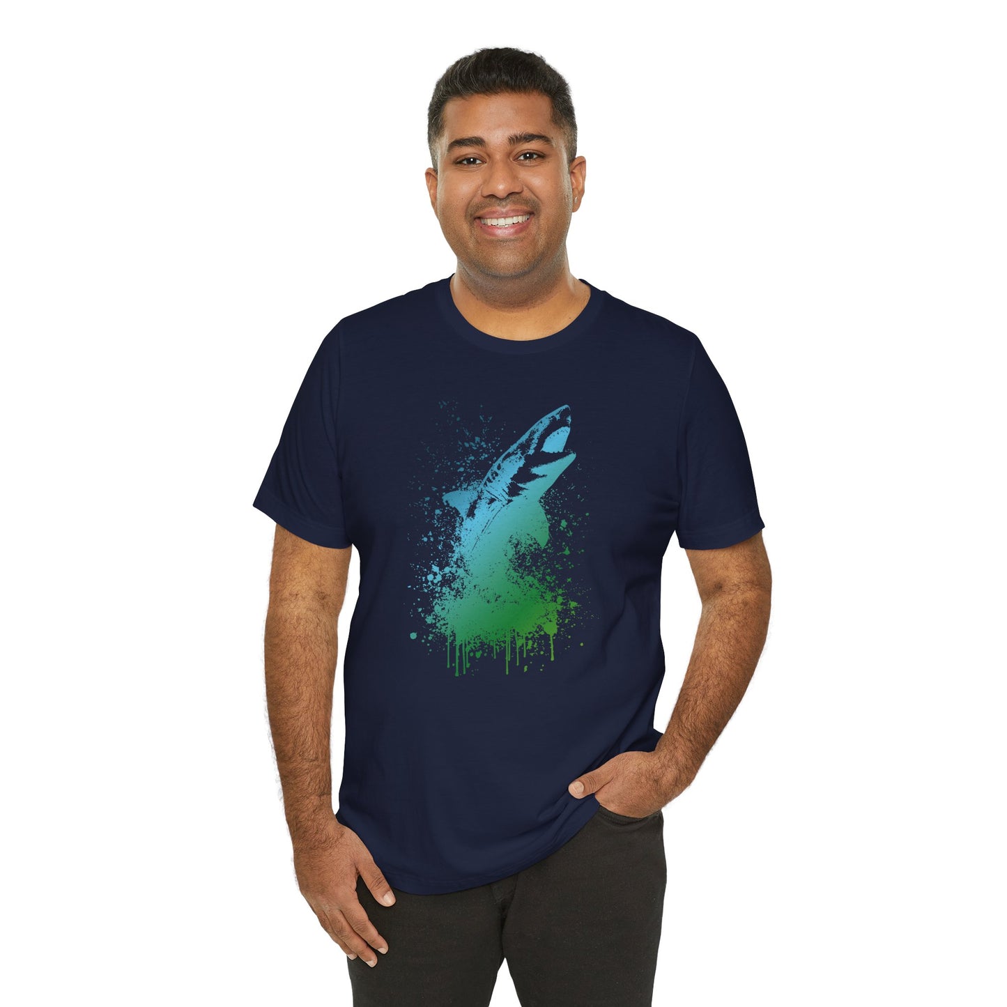 Great White Graphic Tee — Blue & Green Watercolor Shark T‑Shirt