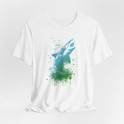 Great White Graphic Tee — Blue & Green Watercolor Shark T‑Shirt