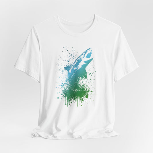 Great White Graphic Tee — Blue & Green Watercolor Shark T‑Shirt
