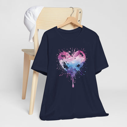 Watercolor Splatter Heart T‑Shirt — Galaxy Pink & Blue Drip Tee