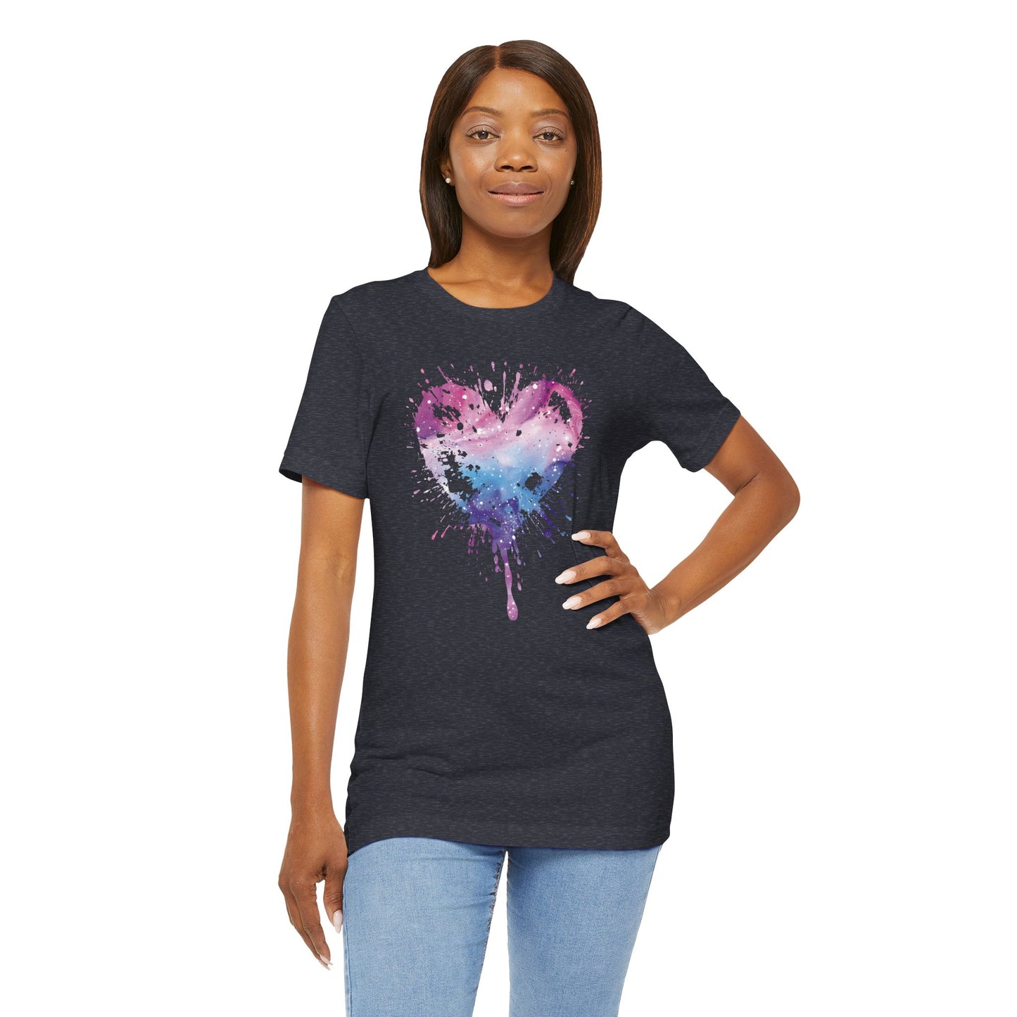Watercolor Splatter Heart T‑Shirt — Galaxy Pink & Blue Drip Tee
