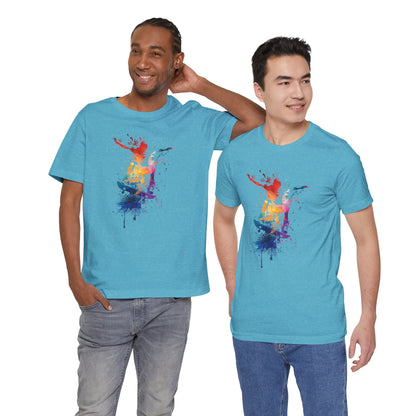 Skateboard Splash Tee — Colorful Watercolor Skateboarder Graphic T‑Shirt