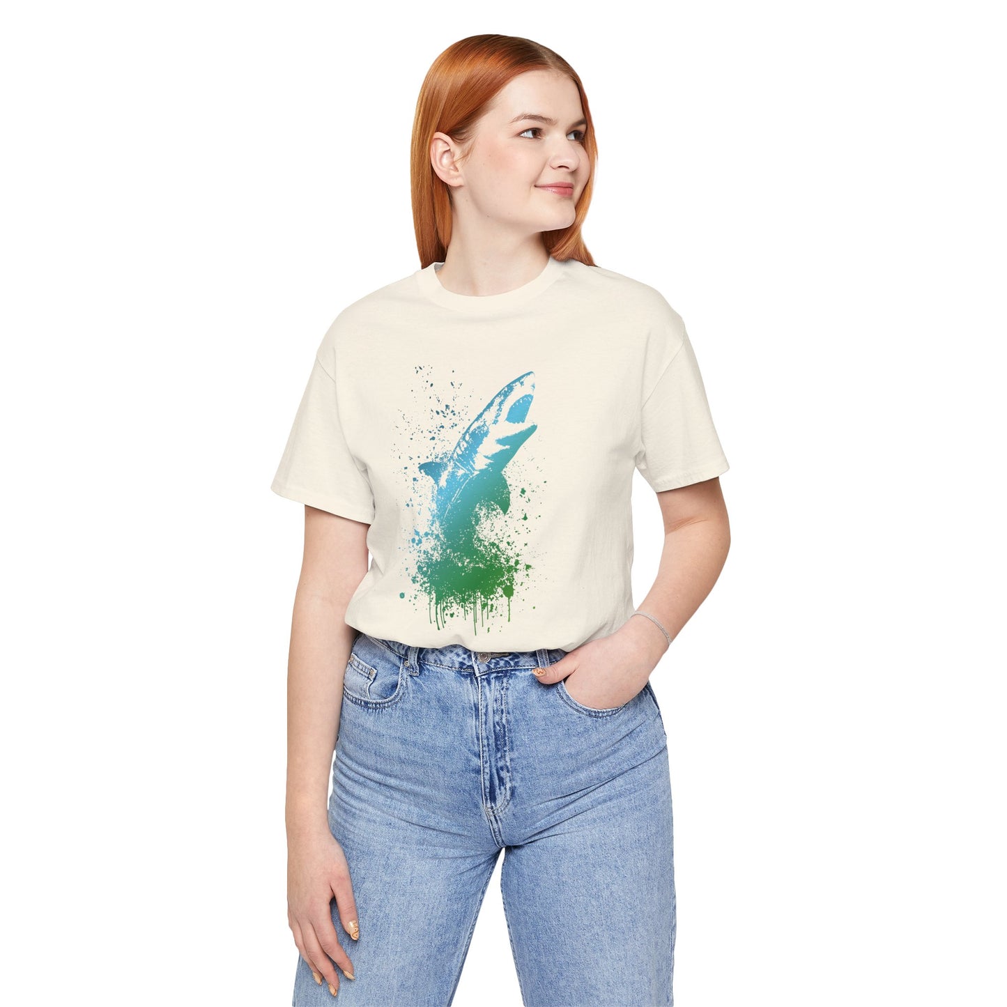 Great White Graphic Tee — Blue & Green Watercolor Shark T‑Shirt