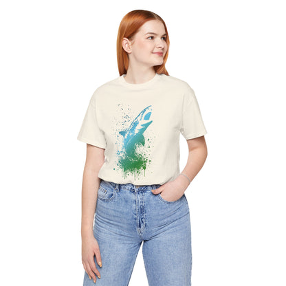 Great White Graphic Tee — Blue & Green Watercolor Shark T‑Shirt