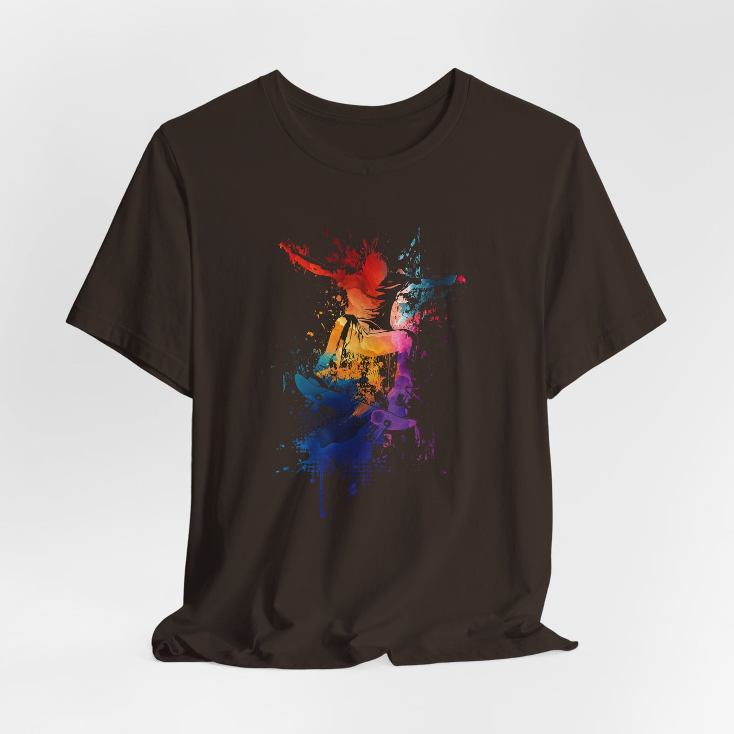 Skateboard Splash Tee — Colorful Watercolor Skateboarder Graphic T‑Shirt