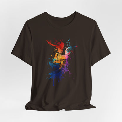 Skateboard Splash Tee — Colorful Watercolor Skateboarder Graphic T‑Shirt